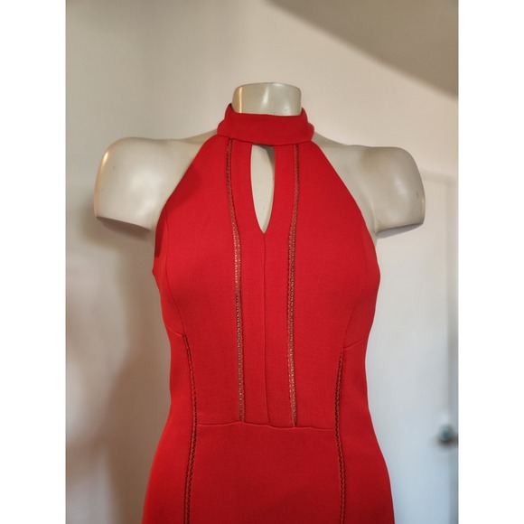 NICHOLAS Red Halter Neck Keyhole Maxi Dress Ladder Stitch Detail Formal Gown 4 - Picture 2 of 13